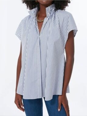 Pomander Place Size XL Rae Striped Ruffle-Collar Cap-Sleeve Top - Blue/White
